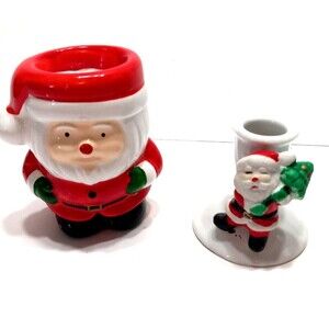 2 Candle Holders Santa Clause Taper Votive Christmas Vintage Taiwan